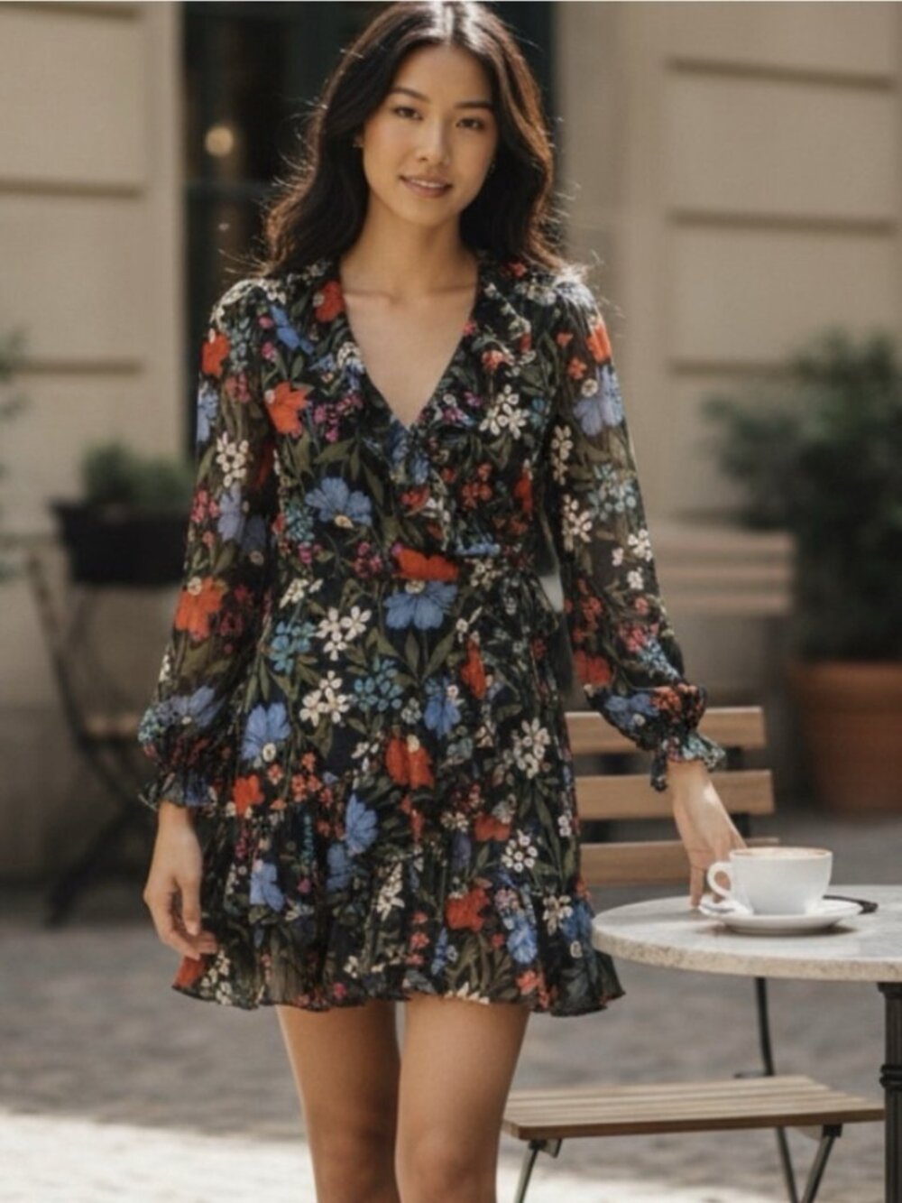 ASTR The Label Authentic Floral Chiffon Wrap Mini Dress Ruffle Tie Waist Large